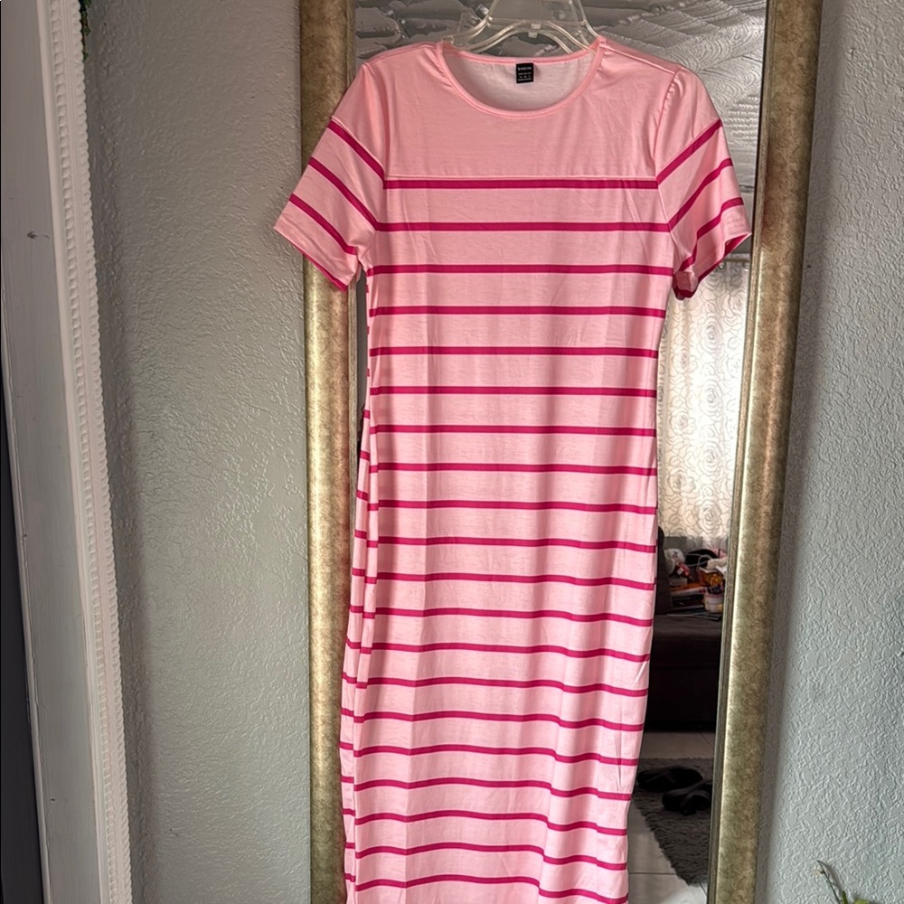SHEIN Pink and White Striped Midi Dress